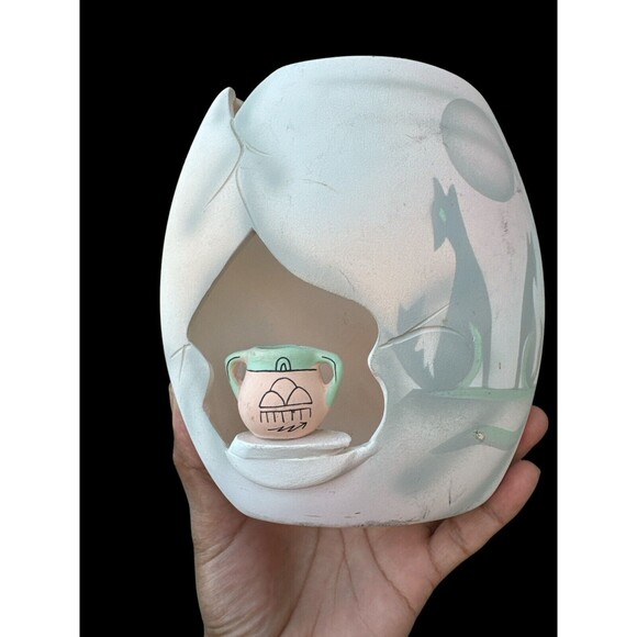 Vintage Artist Signed Southwest Candle Vase Handcrafted Pottery Wolf - Picture 2 of 9